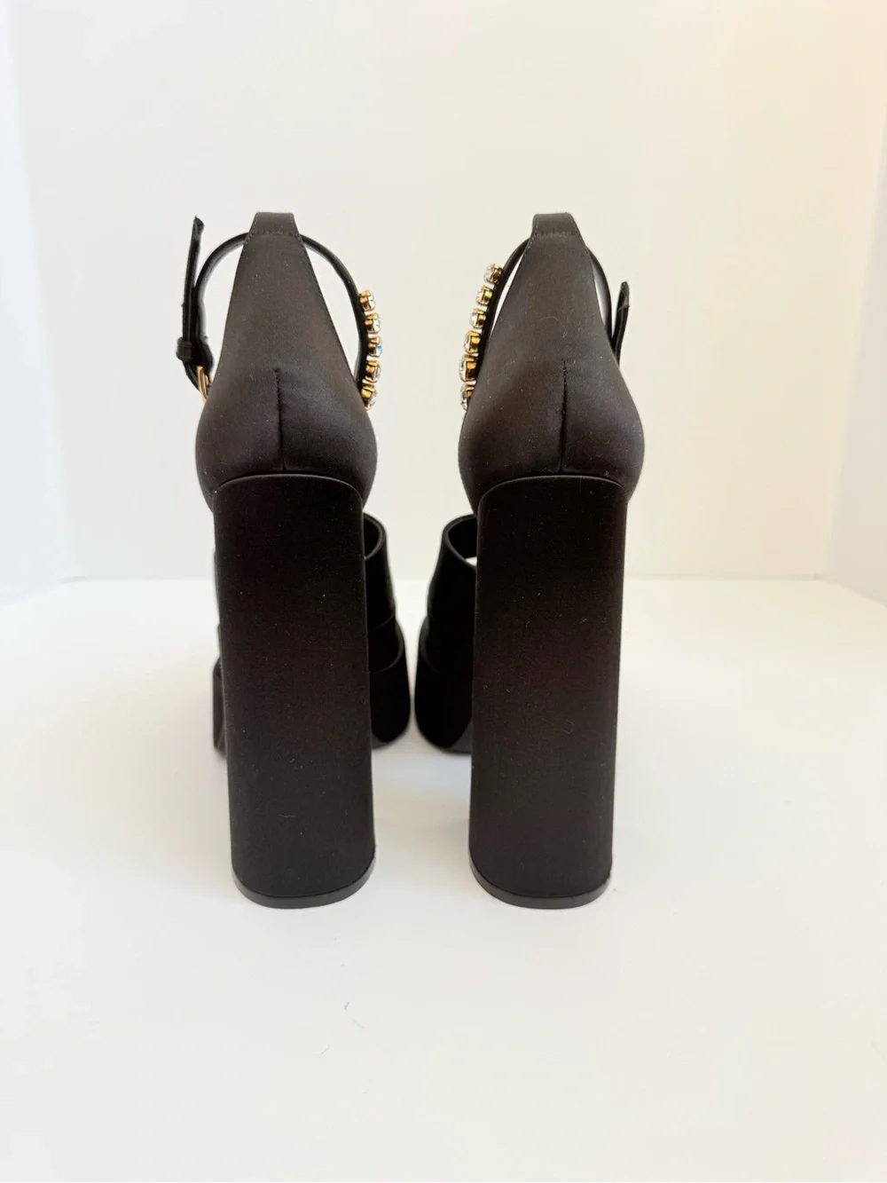 NEW Versace Medusa Crystal Open Toe Platform Sandals Black Satin Block Heels 38